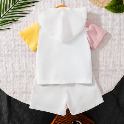 Design Summer Baby Kids Boys Short Sleeves Color Patchwork Top with Shorts Set