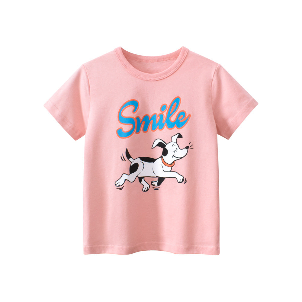 Smiling Dogs Cartoon Print Girls’ T-Shirt In European And American Style For Summer