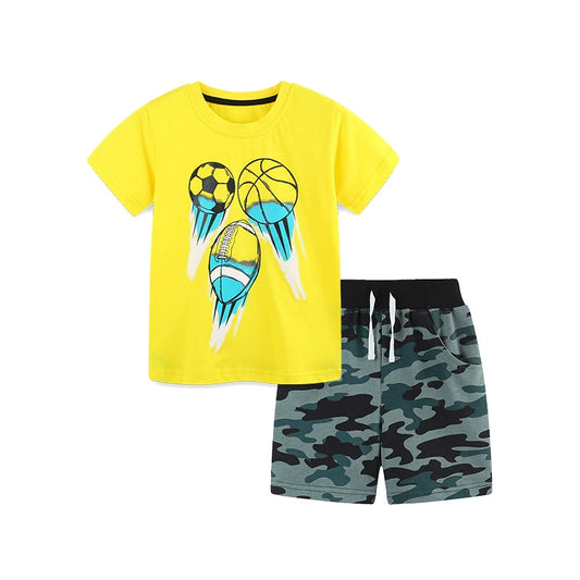 Summer Baby Kids Cartoon Sports Pattern T-shirt and Camouflage Shorts Color Patchwork Clothing Set for Boys, MyKids-USA®, Baby & Toddler Outfits, MyKids-USA - Size/Age - 90 (12-24M) - Color - Yellow -  -  - TR2506282200-A