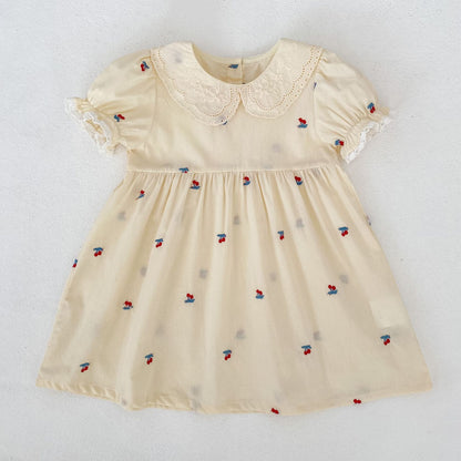 Summer Girls Cherry Pattern Lace Trim Short Sleeves Onesies and Dress – Princess Sister Matching Set, MyKids-USA®, Baby & Children's Outfits, MyKids-USA - Size/Age - 66 (3-6M) - Color - Beige -  -  - TR2604192149-B.
