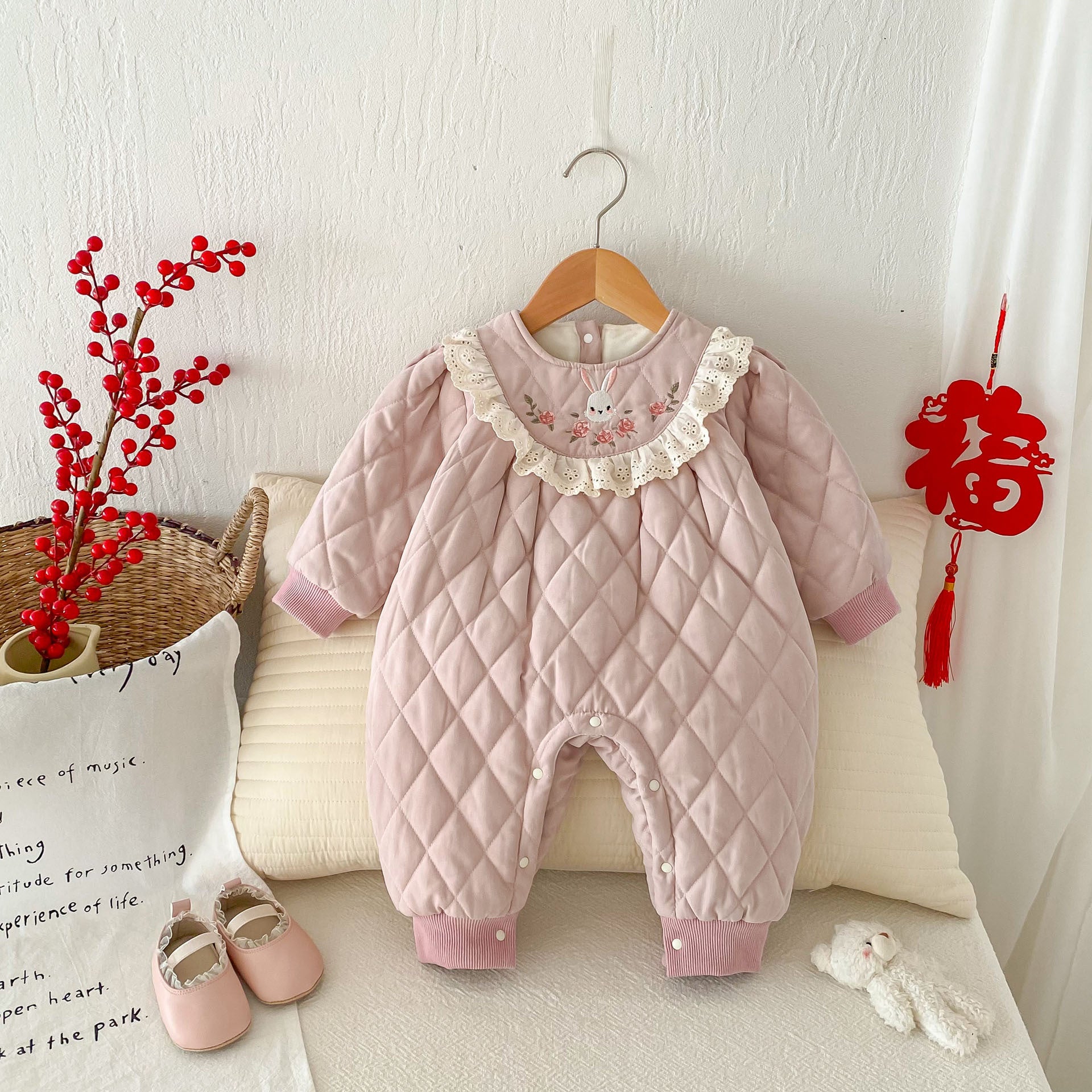 Winter Arrival Baby Girls Simple Rabbit Embroidered Pattern Warm Padded Thick Romper, MyKids-USA®, Baby One-Pieces, MyKids-USA - Size/Age - 66 (3-6M) - Color - Pink -  -  - TR2412251632-A