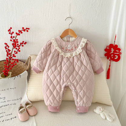 Winter Arrival Baby Girls Simple Rabbit Embroidered Pattern Warm Padded Thick Romper, MyKids-USA®, Baby One-Pieces, MyKids-USA - Size/Age - 66 (3-6M) - Color - Pink -  -  - TR2412251632-A