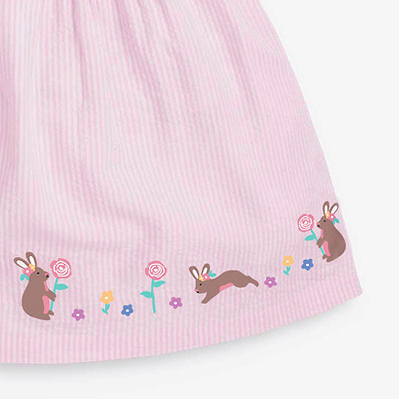 Baby Kids Girls Pink Short Sleeves Dress With Rabbits And Flowers Pattern