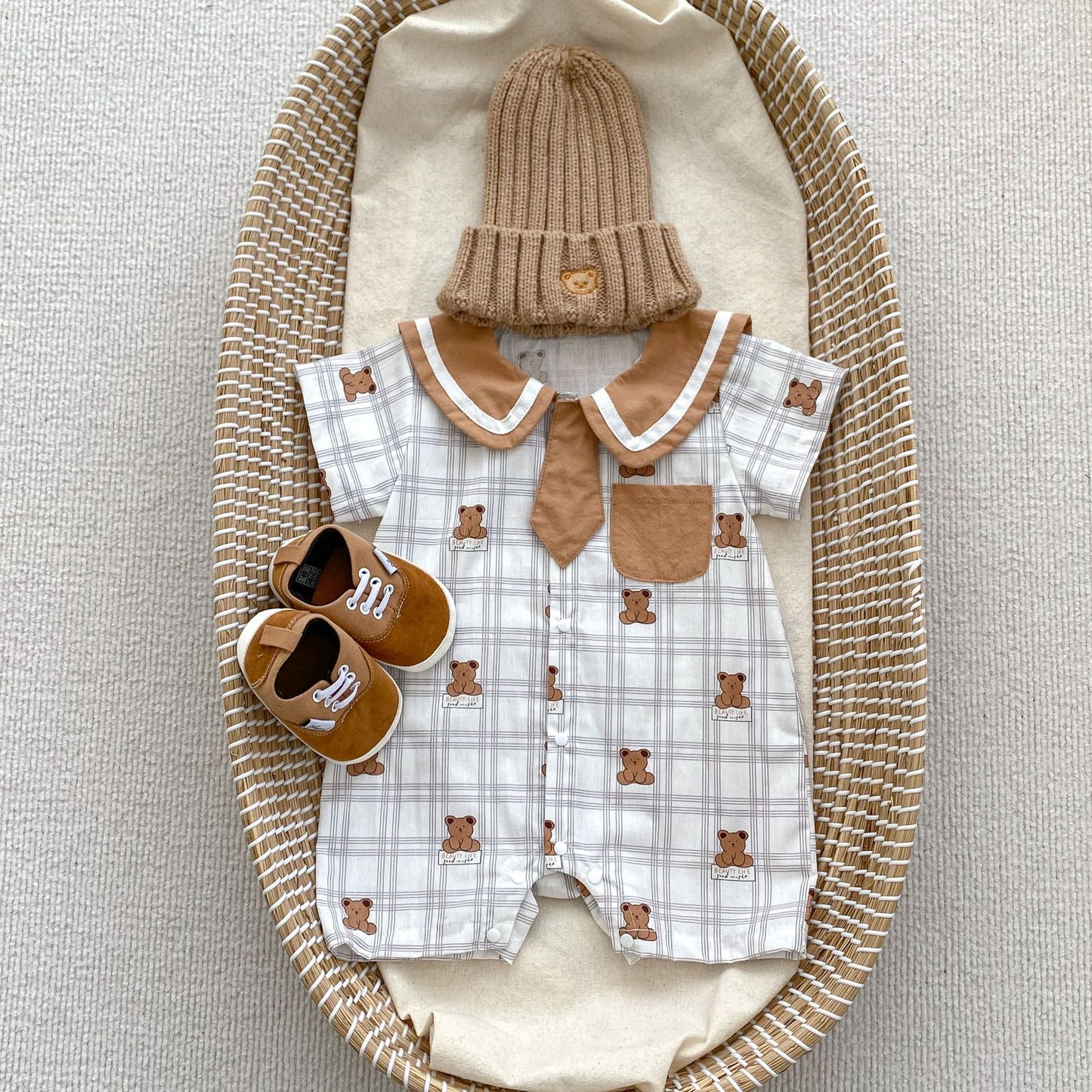 Summer Baby Teddy Pattern Plaid Short-Sleeved Romper And Clothing Sets For Boys – Brother Matching Set