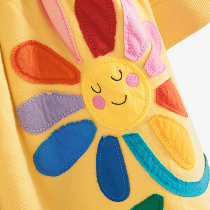 Hot Selling Spring Baby Girls Long Sleeves Sunflower Cartoon Pattern Crew Neck Dress
