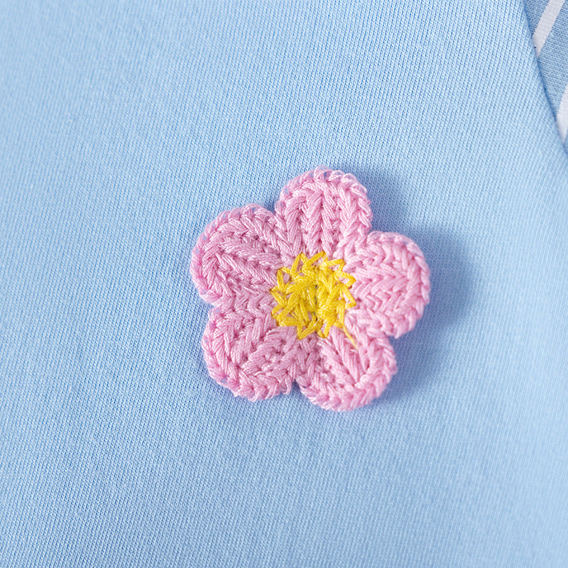 Summer Arrival Flowers and Striped Pattern Short Sleeves Dress for Stylish Girls