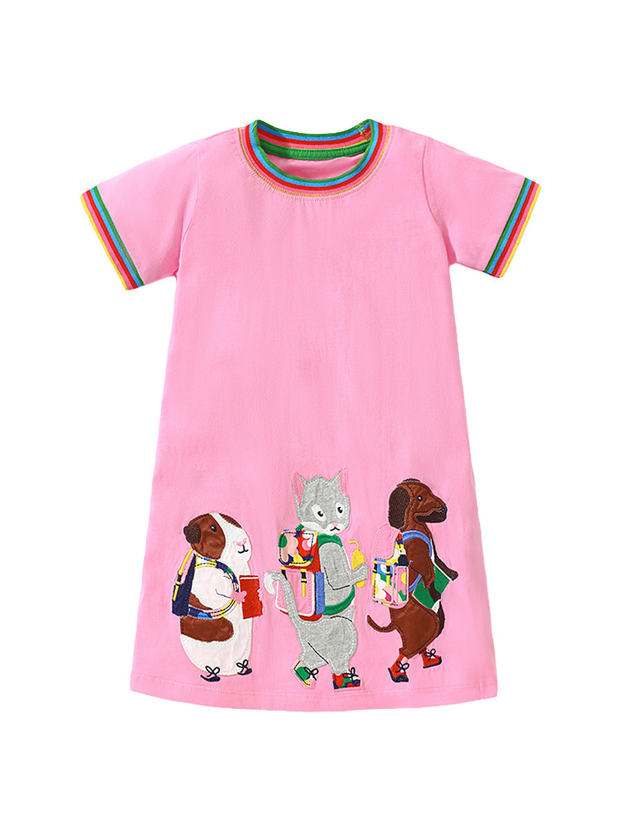 Summer Animals Pattern Short-sleeved Pink Dress with Colorful Striped Neck for Stylish Girls, MyKids-USA®, Baby & Toddler Dresses, MyKids-USA -  -  -  -  -  -  - 