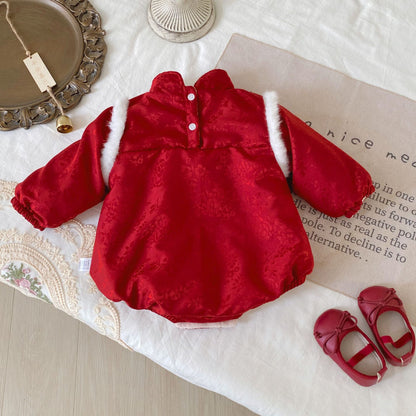 Winter Arrival Baby Girls Long Sleeves Floral Pattern Fleece-Lined Bodysuit