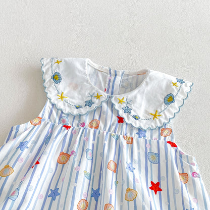 Design Summer Baby Kids Girls Sleeveless Marine Elements Pattern Bodysuit Dress