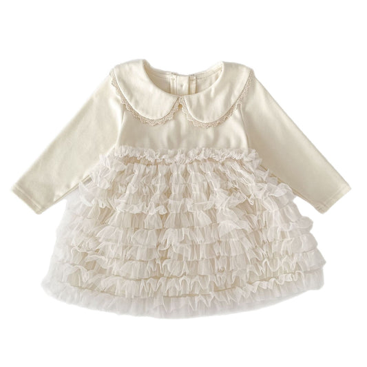 MyKids-USA® Baby Long Sleeves Cute Lace Trim Collar Ruffle Tulle Dress
