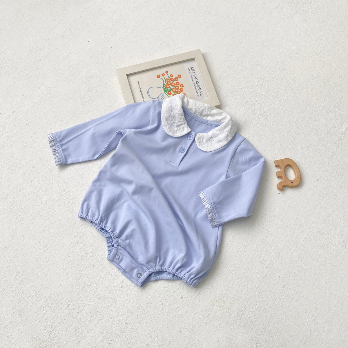 Summer Arrival Baby Girls Simple Long Sleeves Onesies with Embroidered Collar, MyKids-USA®, Baby One-Pieces, MyKids-USA - Size/Age - 66 (3-6M) - Color - Blue -  -  - TR2505122308-B