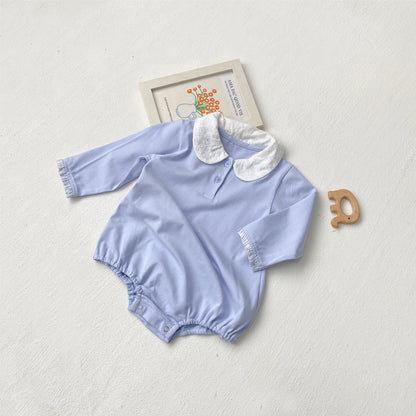 Summer Arrival Baby Girls Simple Long Sleeves Onesies with Embroidered Collar, MyKids-USA®, Baby One-Pieces, MyKids-USA - Size/Age - 66 (3-6M) - Color - Blue -  -  - TR2505122308-B