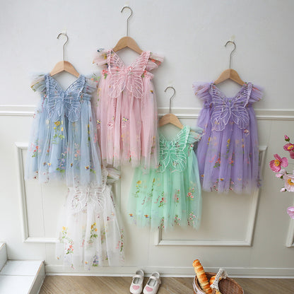 New Arrival Summer Baby Kids Girls Fly Sleeves Floral Pattern Mesh Butterfly Design Dress