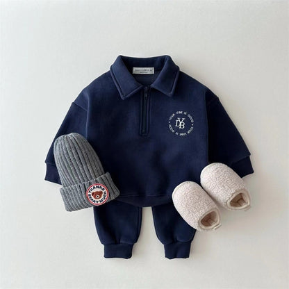 Winter and Autumn Kids Unisex Casual Letter Logo Long Sleeves Zip-up Turn-down Collar Top and Pants Clothing Set, MyKids-USA®, Baby & Toddler Outfits, MyKids-USA - Size/Age - 73 (6-9M) - Color - Navy Blue (Dark Blue) -  -  - TR2411152113-C