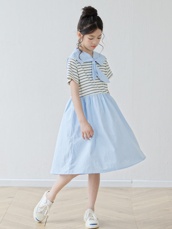 Summer Arrival Short Sleeves Striped Color Patchwork Dress for Stylish Girls