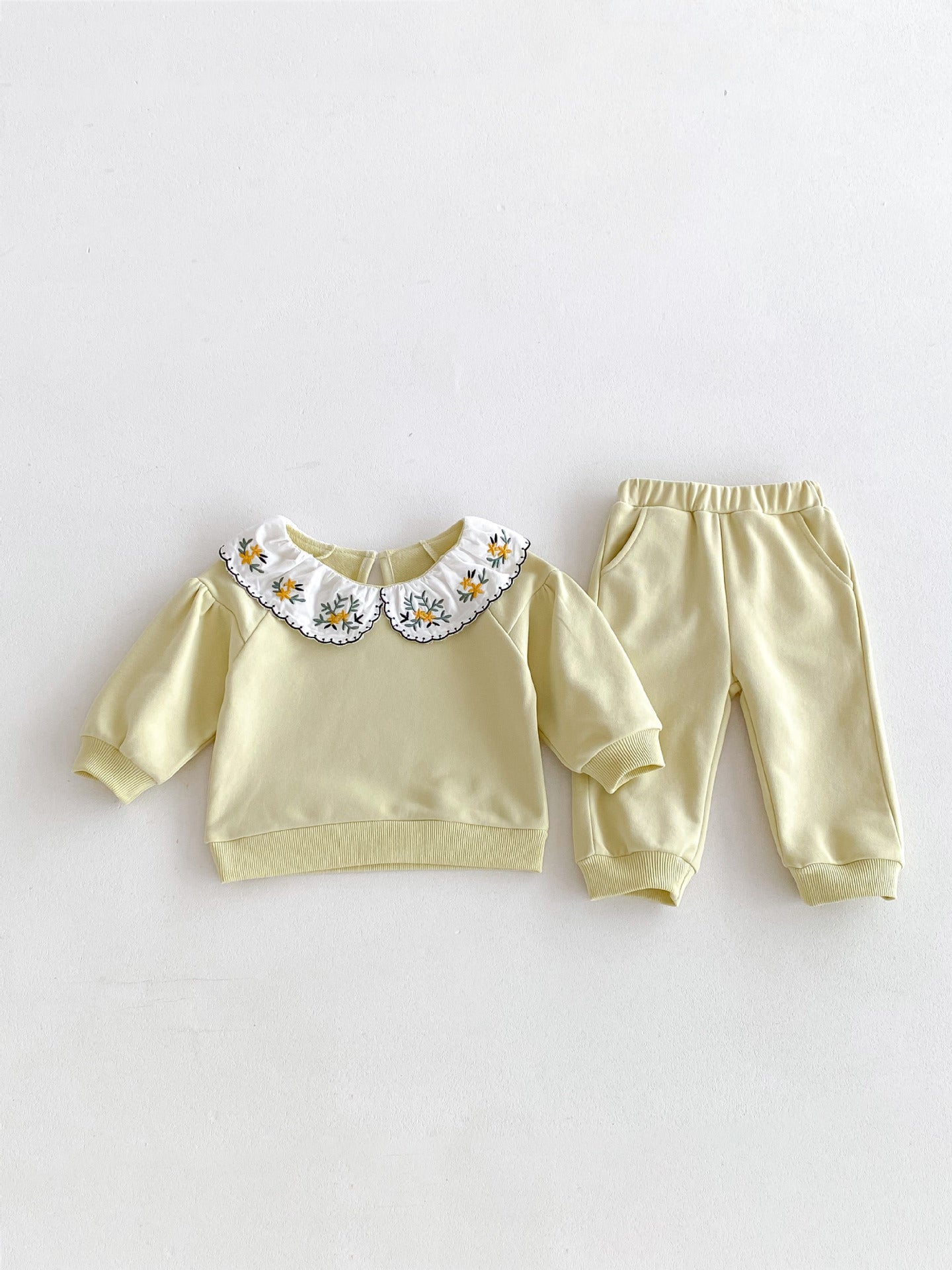 Cute and Versatile Two-Piece Set: Flowers Embroidered Collar Top and Solid Color Pants for Baby Girls and Toddlers, MyKids-USA®, Baby & Toddler Outfits, MyKids-USA - Size/Age - 73 (6-9M) - Color - Green -  -  - 555S405-B