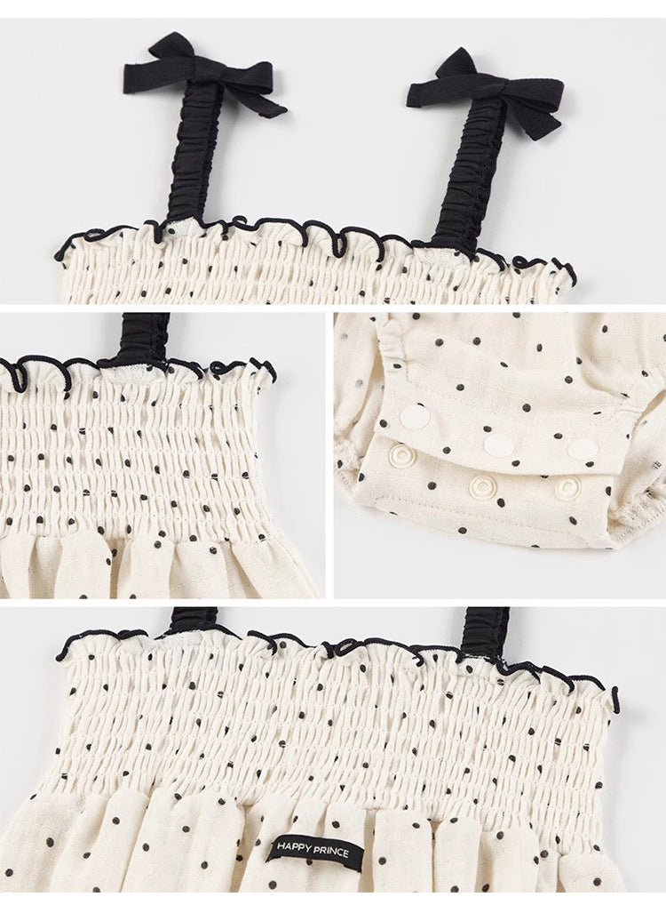 Summer Arrival Baby Girls Cute Dots Pattern Sleeveless Pleated Strap Onesies, MyKids-USA®, Baby One-Pieces, MyKids-USA -  -  -  -  -  -  - 