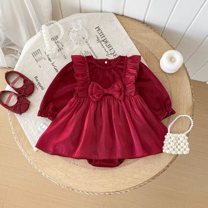 Autumn Arrival Baby Girls Long Sleeves Butterfly-bow Decorated Red Onesies Dress, MyKids-USA®, Baby One-Pieces, MyKids-USA -  -  -  -  -  -  - 