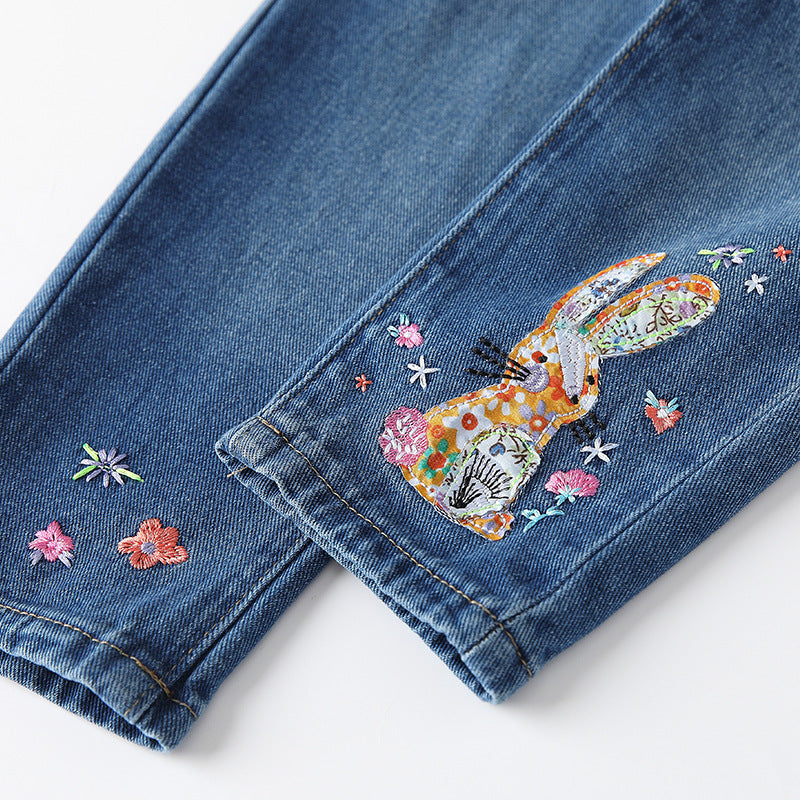 Arrival Autumn Baby Kids Girls Cartoon Embroidered Pattern Denim Pants, MyKids-USA®, Jeans, MyKids-USA -  -  -  -  -  -  - 