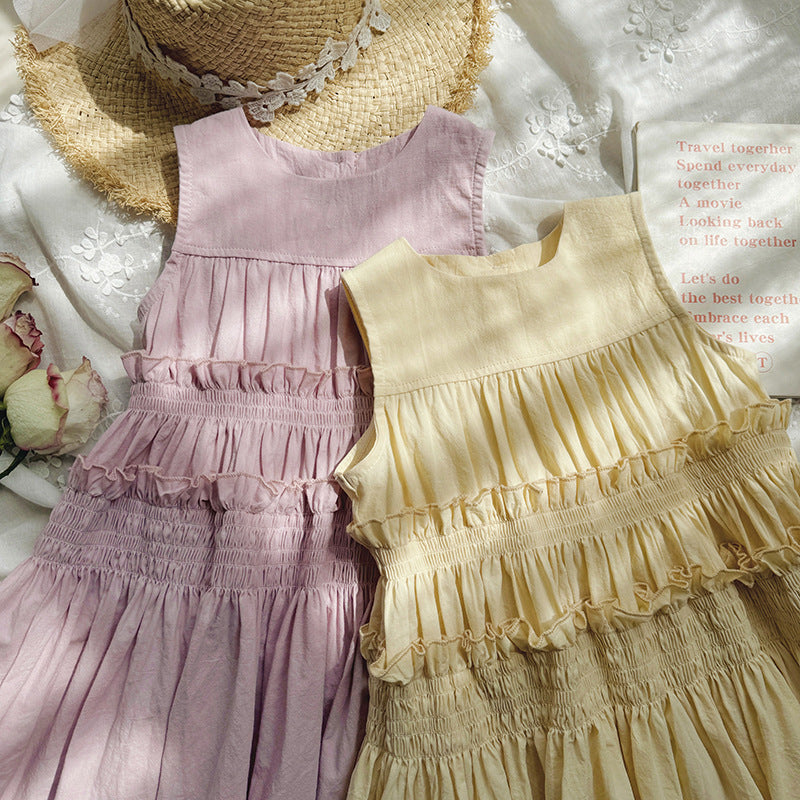 Summer Kids Girls French Style Solid Color Sleeveless Pleated Dress