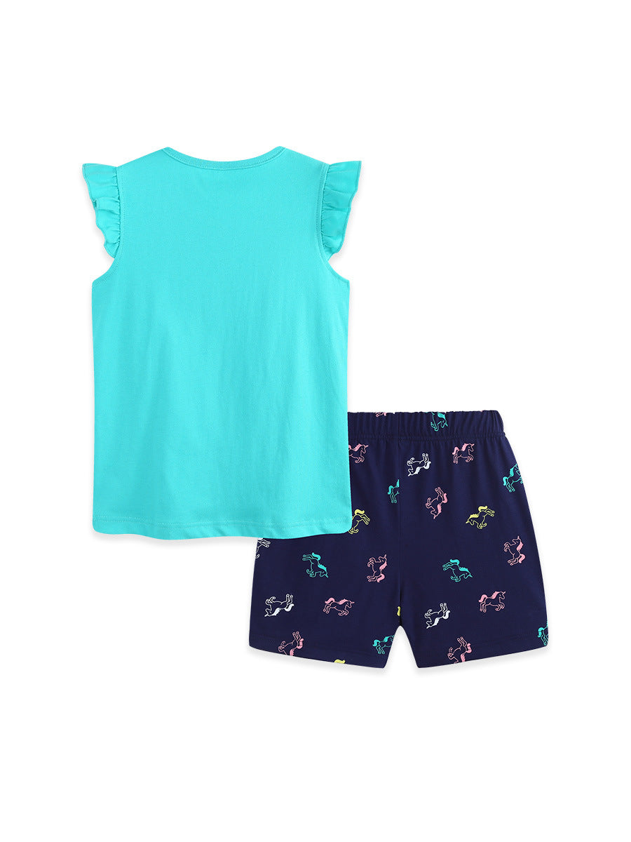 Arrival Summer Baby Kids Girls Fly Sleeves Cartoon Pattern T-shirt and Shorts Clothing Set