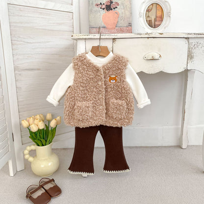 Winter and Autumn Baby Kids Girls Long Sleeves Solid Color Top, Flared Pants and Fluffy Sleeveless Vest Clothing Set, MyKids-USA®, Baby & Toddler Outfits, MyKids-USA - Size/Age - 73 (6-9M) - Color - Brown -  -  - TR2511282342-B