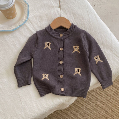 Autumn and Winter Arrival Baby Kids Unisex Embroidery Pattern Long Sleeves Casual Cardigan