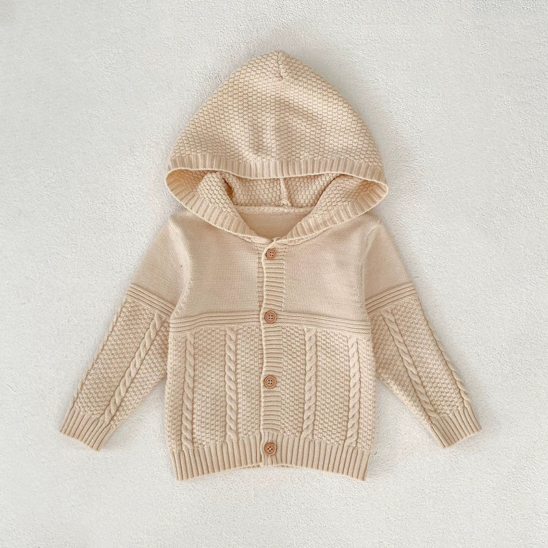 Autumn Arrival Baby Unisex Comfortable Solid Color Geometric Pattern Knitted Long Sleeves Cardigan with Hood, MyKids-USA®, Cardigans, MyKids-USA - Size/Age - 73 (6-9M) - Color - Beige -  -  - TR2507282338-A