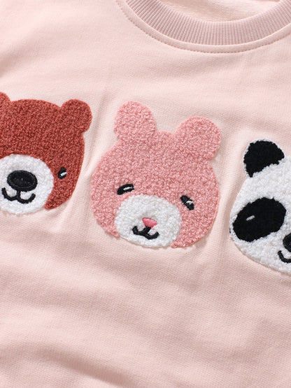 Spring Baby Kids Girls Animals Embroidery Long Sleeves Pullover And Polka Dots Pants  Clothing Set