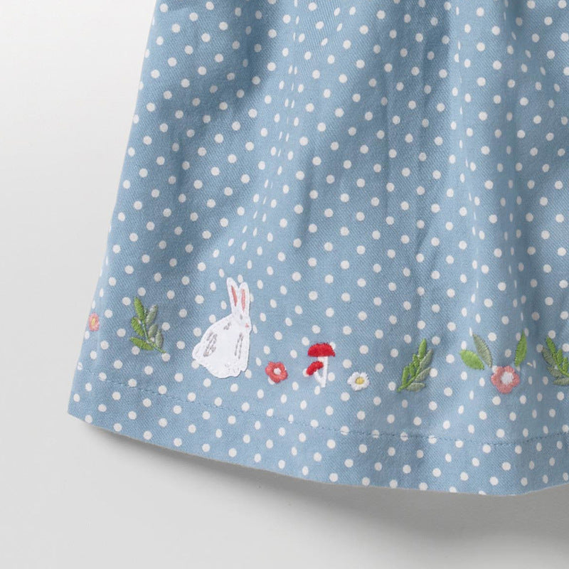 Summer New Arrival Girls Short Sleeves Rabbits Cartoon White Dots Peter Pan Collar Dress