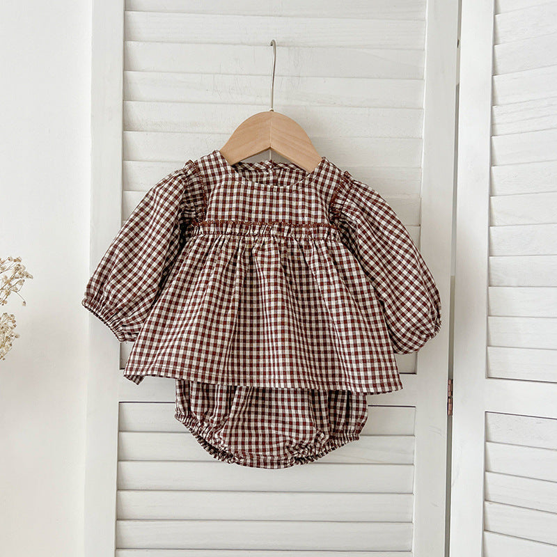 MyKids-USA Autumn Hot Selling Baby Girls Long Sleeves Plaid Top Dress And Bloomer Clothing Set Brown 66 (3-6M) MyKids-USA Autumn Hot Selling Baby Girls Long Sleeves Plaid Top Dress And Bloomer Clothing Set Brown 66 (3-6M)