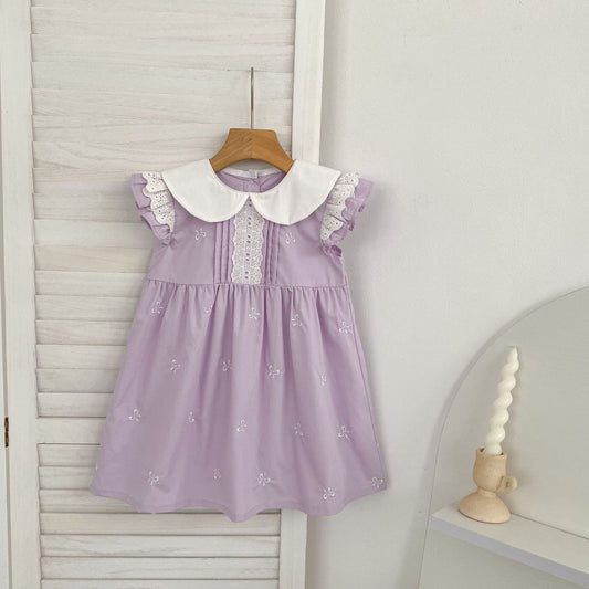 Summer Girls Simple Floral Pattern Peter Pan Collar Onesies and Dress – Princess Sister Matching Set, MyKids-USA®, Baby & Toddler Outfits, MyKids-USA - Size/Age - 66 (3-6M) - Color - White -  -  - TR2603302308-B.