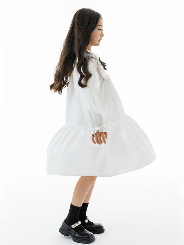 Autumn Arrival Long Sleeves Tie-Dyed White Preppy One-Piece Dress for Stylish Girls
