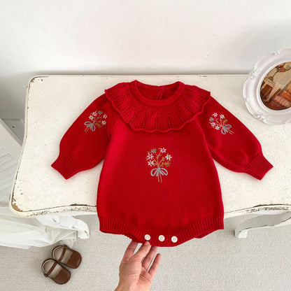Autumn Design Baby Girls Flowers Embroidery Pattern Long Sleeves Ruffle Collar Knitted Onesies, MyKids-USA®, Baby One-Pieces, MyKids-USA - Size/Age - 66 (3-6M) - Color - Red -  -  - TR2408222033-D