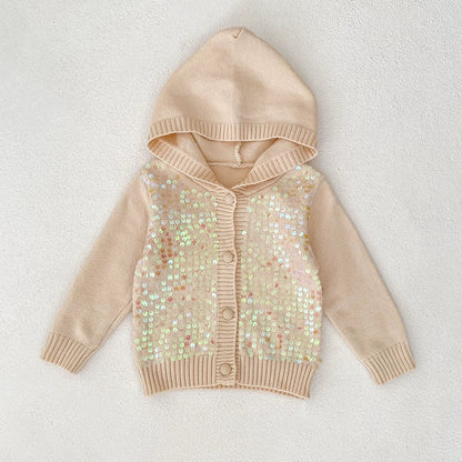 Autumn Arrival Baby Girls Comfortable Sequins Decorated Knitted Long Sleeves Cardigan with Hood, MyKids-USA®, Cardigans, MyKids-USA - Size/Age - 66 (3-6M) - Color - Beige -  -  - TR2507092108-A