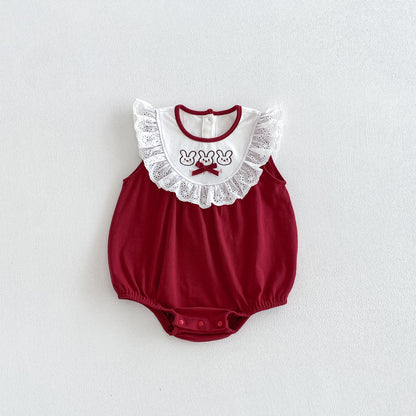 Design Summer Baby Kids Girls Sleeveless Lace Trim Color Patchwork Bodysuit