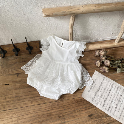 Summer Arrival Baby Girls Fly Sleeves Flowers Pattern Tulle Patchwork Bodysuit Dress