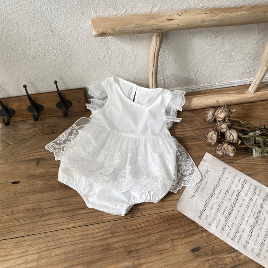 Summer Arrival Baby Girls Fly Sleeves Flowers Pattern Tulle Patchwork Bodysuit Dress