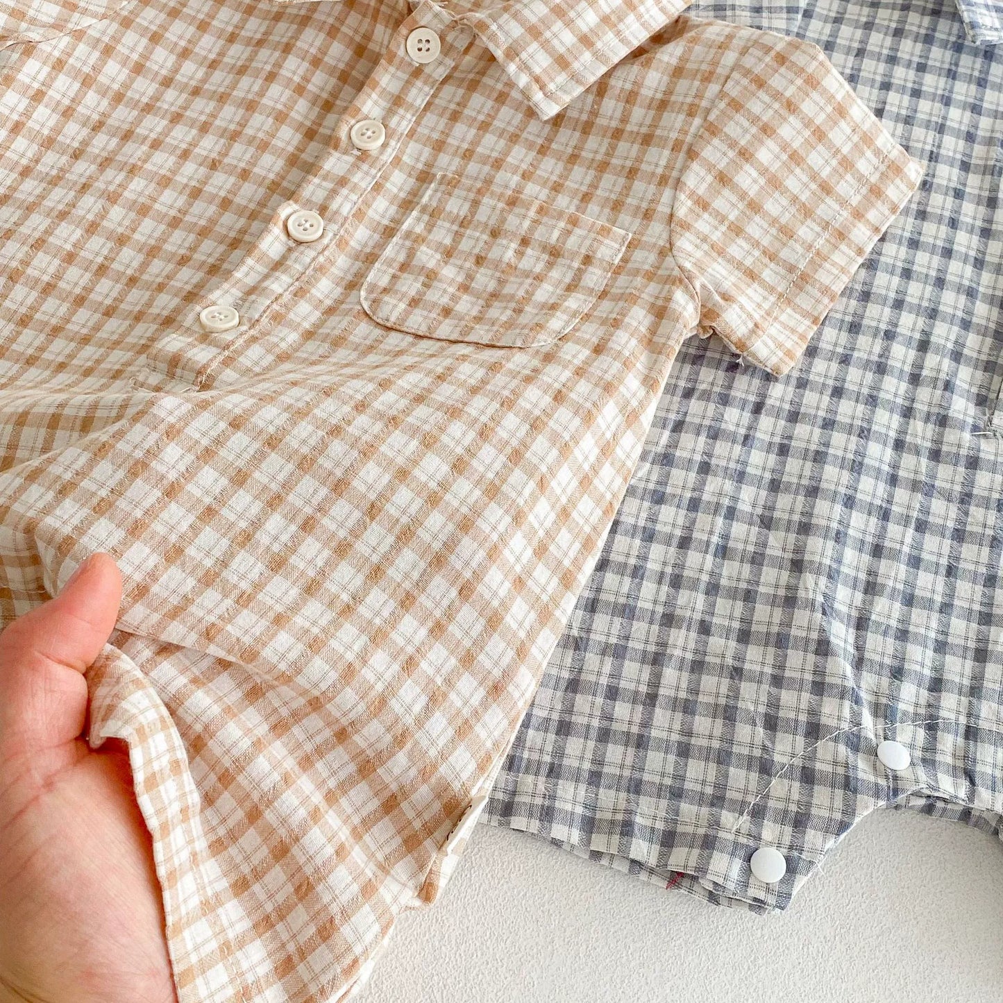 Summer Arrival Baby Unisex Plaid Short Sleeves Rompers with Turn-down Collar, MyKids-USA®, Baby One-Pieces, MyKids-USA -  -  -  -  -  -  - 