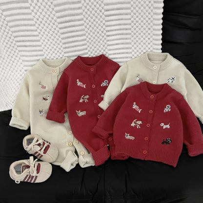Autumn and Winter Arrival Baby Kids Unisex Puppy Cartoon Embroidery Pattern Long Sleeves Casual Rompers