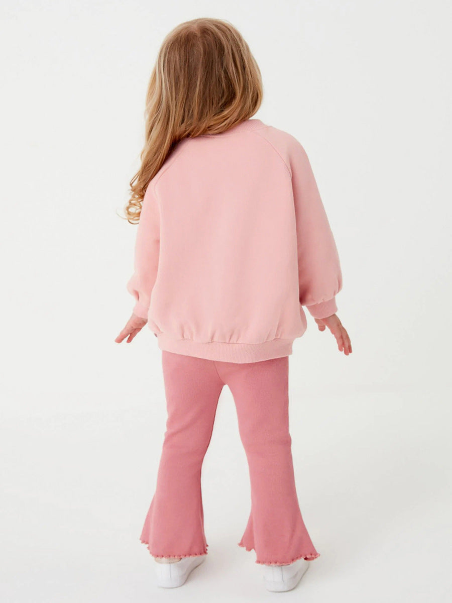 Spring Baby Kids Girls Letters Embroidery Long Sleeves Pullover And Solid Flared Pants Clothing Set
