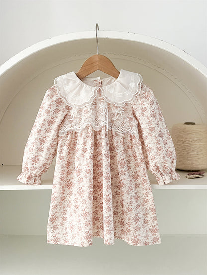 Spring and Autumn Floral Printed and Embroidered Long-sleeved Dress with Lace Collar for Stylish Girls, MyKids-USA®, Baby & Toddler Dresses, MyKids-USA - Size/Age - 90 (12-24M) - Color - Pink -  -  - TR2502170033-B
