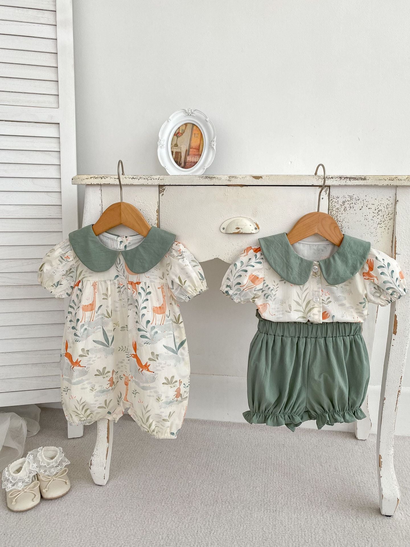 summer infant clothing Summer Baby Kids Unisex Animals Cartoon Short-Sleeved Romper And Clothing Set 73 (6-9M) / Green