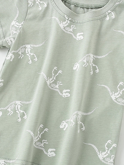Boys’ Bony Dinosaur Cartoon Pattern Short Sleeves T-Shirt In European And American Style For Summer