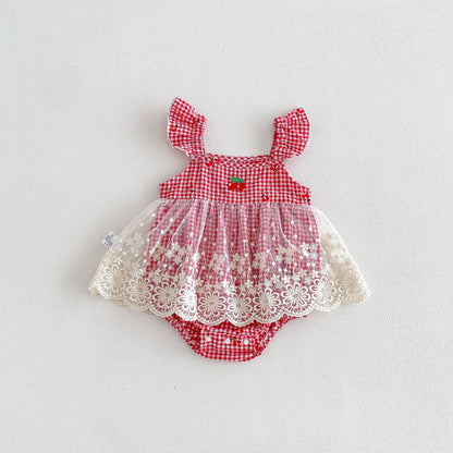 Design Summer Baby Kids Girls Fly Sleeves Plaid Pattern Strap Bodysuit, MyKids-USA®, Baby & Children's One-Pieces, MyKids-USA - Size/Age - 66 (3-6M) - Color - Red -  -  - TR2605032216-A.