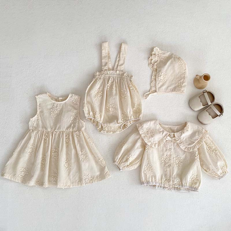 New Arrival Summer Baby Kids Girls Solid Color Floral Embroidery Dress, Shirt And Overalls Onesies – Sister Matching Set