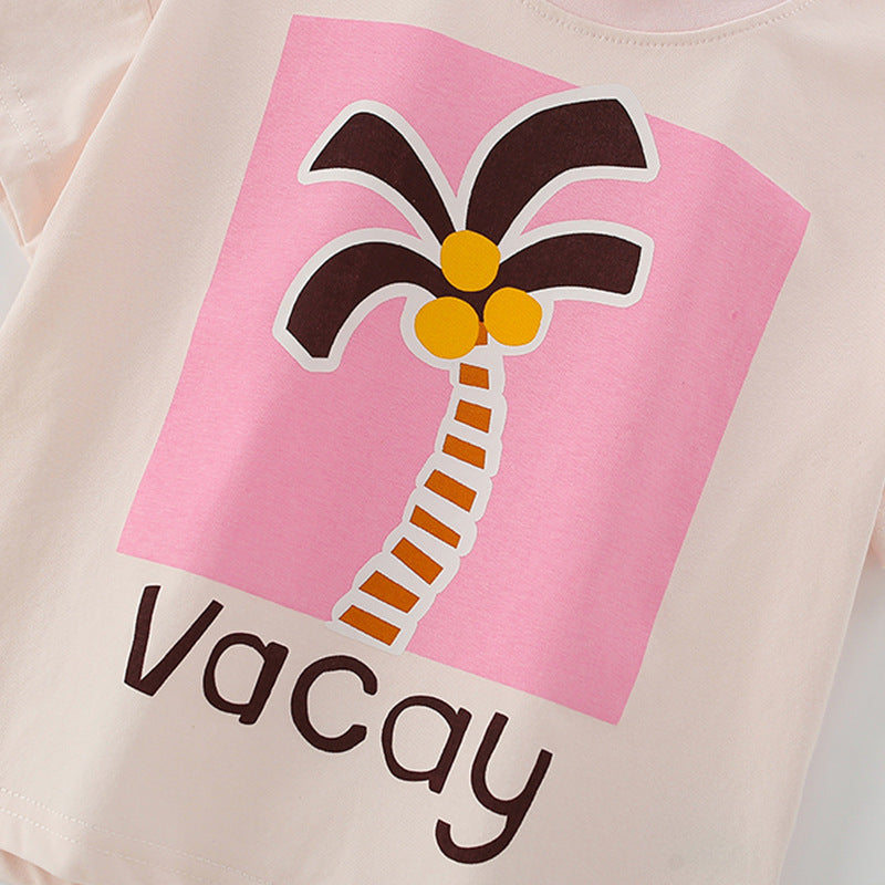 Summer Baby Kids Cartoon Coconut Palm Pattern T-shirt and Pink Shorts Clothing Set for Girls, MyKids-USA®, Baby & Toddler Outfits, MyKids-USA -  -  -  -  -  -  - 