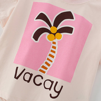 Summer Baby Kids Cartoon Coconut Palm Pattern T-shirt and Pink Shorts Clothing Set for Girls, MyKids-USA®, Baby & Toddler Outfits, MyKids-USA -  -  -  -  -  -  - 