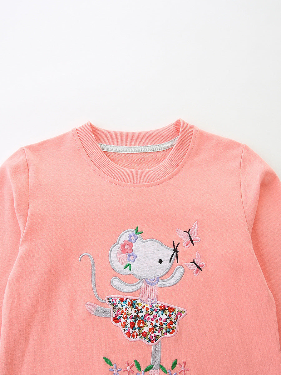 Autumn and Spring Arrival Embroidered Pattern Long Sleeves Pullover with Tulle Decoration for Stylish Girls