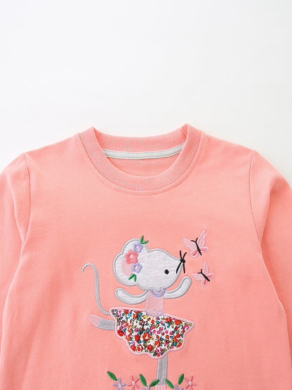 Autumn and Spring Arrival Embroidered Pattern Long Sleeves Pullover with Tulle Decoration for Stylish Girls